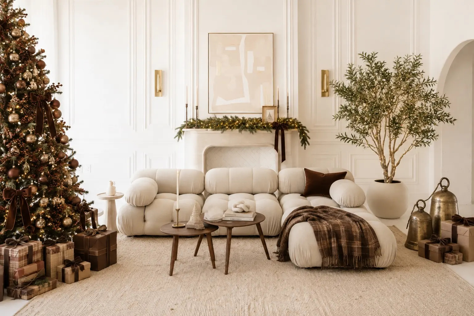 Warm cream Christmas living room with chestnut ornaments, brown velvet bows, evergreen garland, and layered neutral furnishings