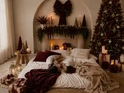 Cozy Christmas bedroom with children resting on a bed, burgundy bows, candlelight, evergreen garland, and a decorated tree
