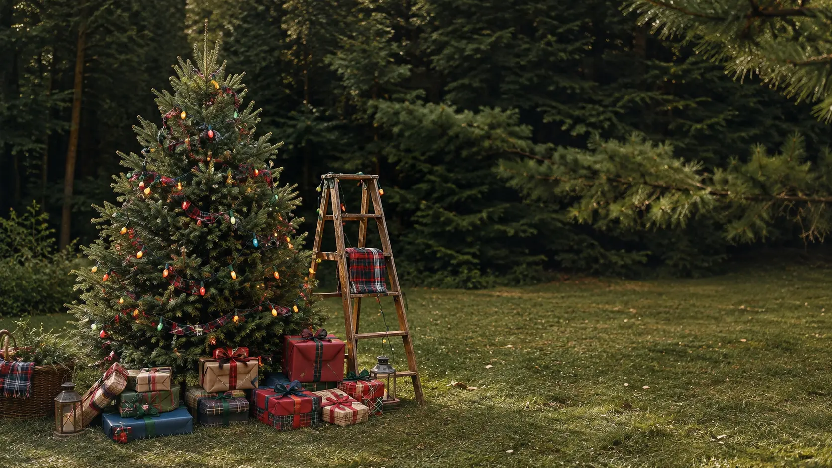 Outdoor Christmas tree with plaid details, wrapped gifts, and evergreens