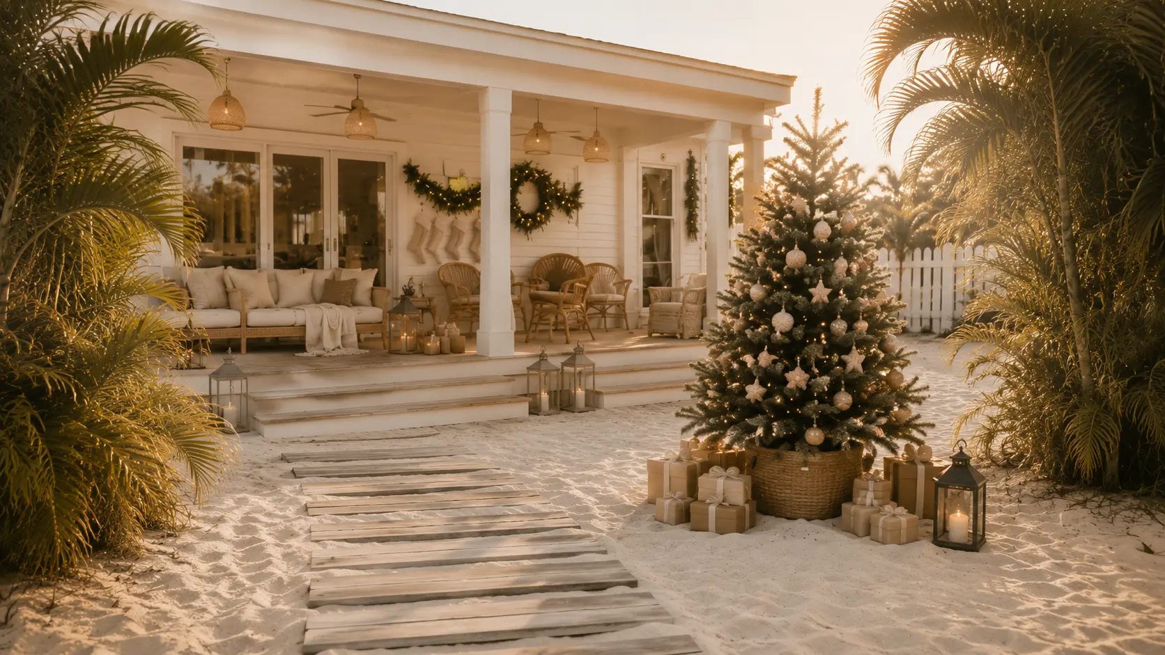 South Florida Christmas courtyard with a white cottage, warm sand, natural pine, and soft coastal holiday details