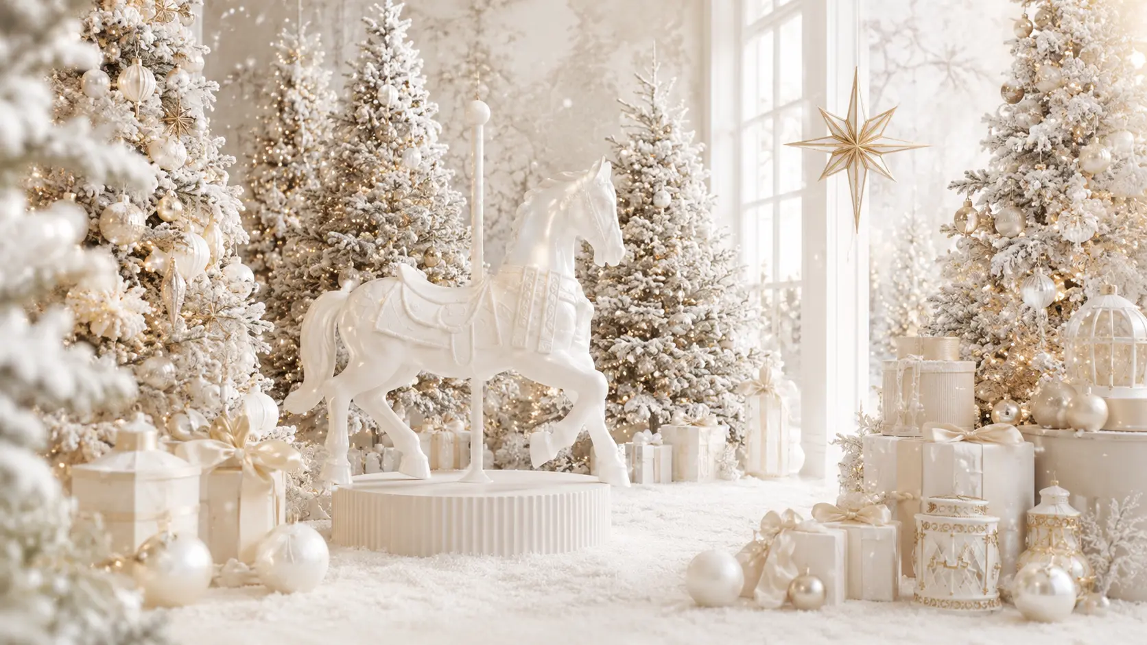 White and gold winter carousel surrounded by frosted Christmas trees
